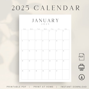 Calendario imprimible 2025 Planificador mensual 2025 Vertical Calendario mensual LUXE 2025 Vertical Tamaño carta A4 Calendario de inicio de domingo y lunes PDF