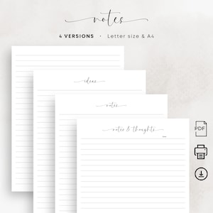 Pagina di note Stampabile Planner Inserto Carta per appunti a righe Planner Carta da scrivere Brain Dump Idee stampabili Pagina PDF Formato lettera A4 Elegante
