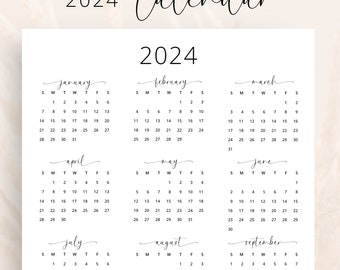 2024 Yearly Calendar Printable 2024 Calendar Vertical Calendar 2024 Wall Calendar Minimalist Calendar PDF A3 A4 Letter Monday & Sunday Start