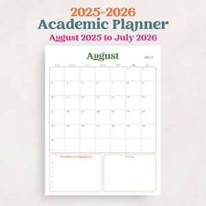 Planificador académico 2025-2026 Calendario escolar de pared Agosto 2025 a julio 2026 PDF IMPRIMIBLE Retrato Colorido A3 A4 Carta 11x17