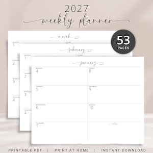 May include: A 2027 weekly planner printable PDF featuring 53 pages. The white pages display black text for January, February, and March with organised weekly grids, numbered dates, and a notes section. A black circular badge indicates 53 pages.