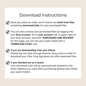 May include: A cream-colored graphic with the title "Download Instructions" and bullet points explaining how to access digital files purchased on Etsy. The text includes instructions for accessing files via email and the Etsy account.