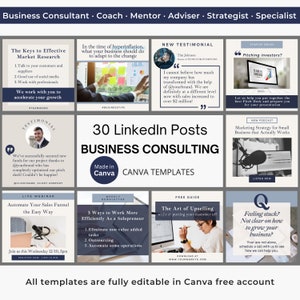 May include: A collage of nine colorful squares with text and images promoting business consulting services. The squares include topics such as market research, hyperinflation, testimonials, sales funnels, working efficiently, upselling, and feeling stuck in business. The text "30 LinkedIn Posts Business Consulting Made in Canva Canva Templates" is in the center of the collage.