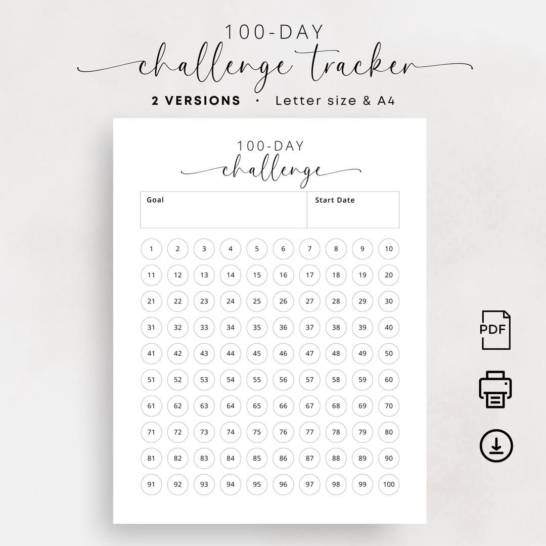 100day Challenge Tracker Printable Goal Tracker Download Habit Tracker