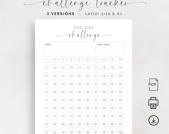 100-dniowy tracker wyzwań Wydrukuj tracker celów Pobierz tracker nawyków Wyzwanie utraty wagi Eleganckie wyzwanie samoopieki 100-dniowe wyzwanie