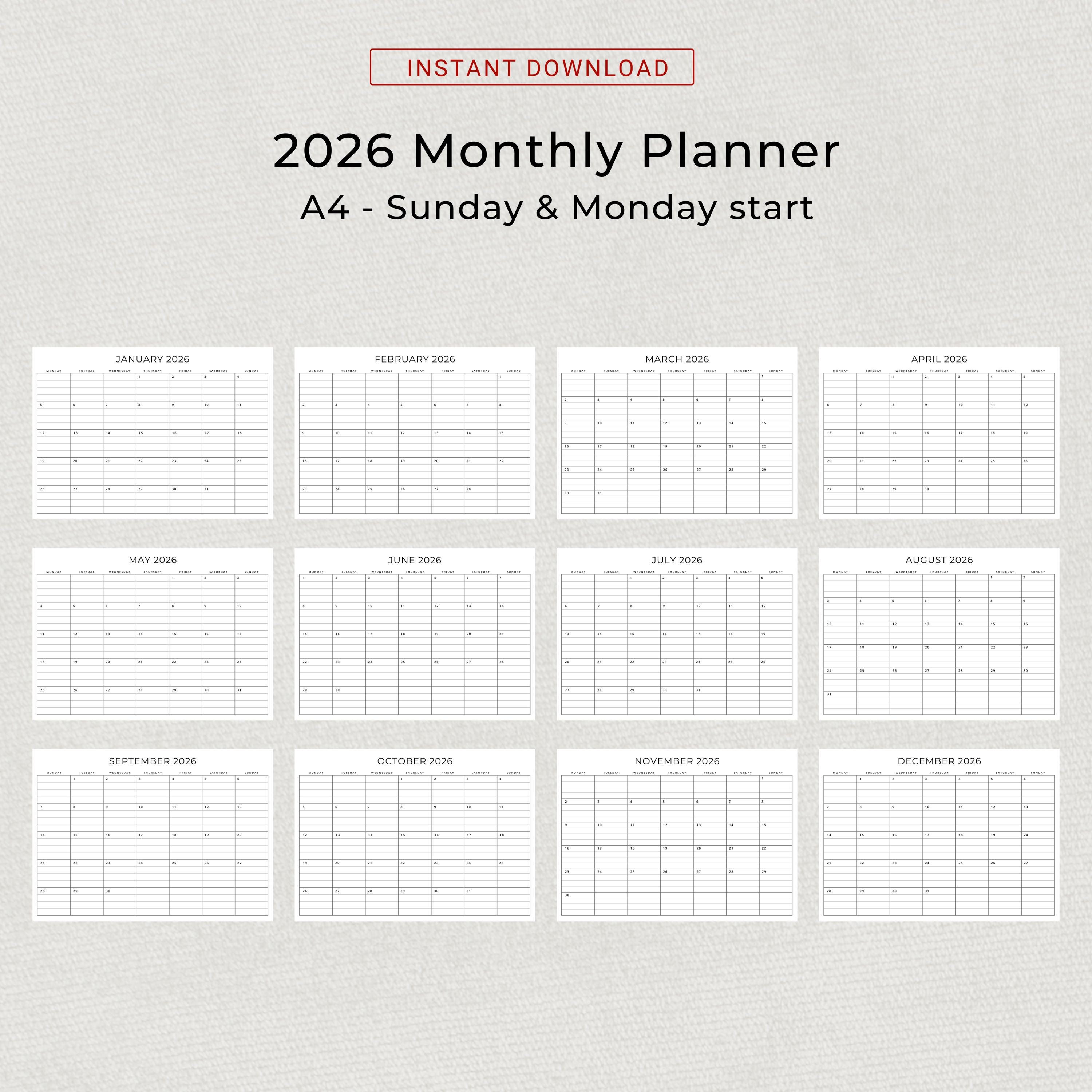Printable 2026 Monthly Planner With Lines 2026 Calendar Landscape ...