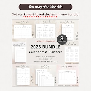 K&ouml;nnte beinhalten: Ein Bundle mit 8 druckbaren Kalendern und Planern f&uuml;r 2026. Die Designs umfassen monatliche, w&ouml;chentliche und To-Do-Listen-Formate. Der Text auf dem Bild lautet "2026 Bundle Calendars & Planners" und "Instant Download".