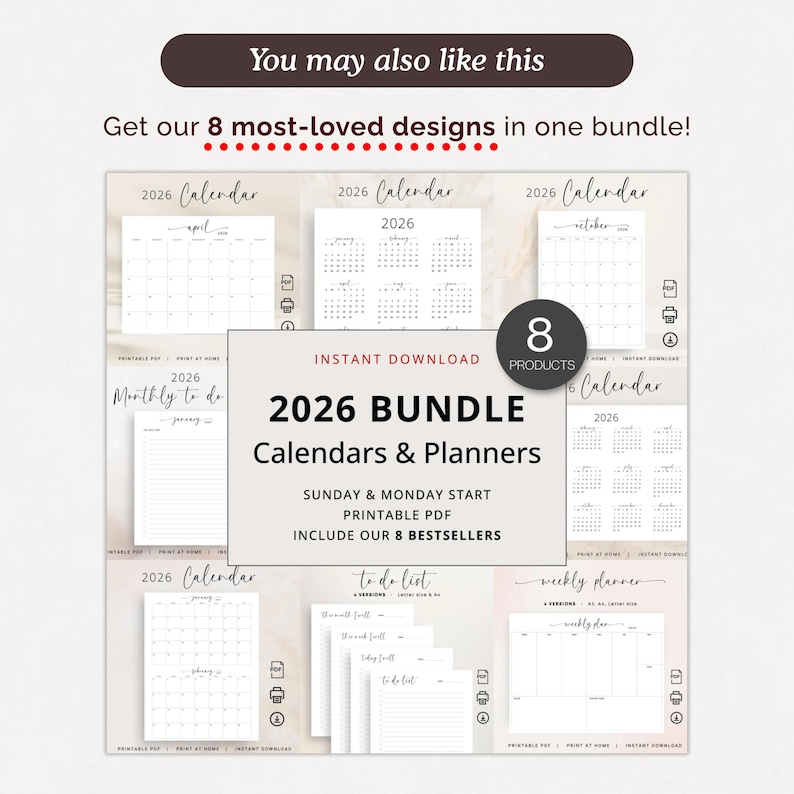 K&ouml;nnte beinhalten: Ein Bundle mit 8 druckbaren Kalendern und Planern f&uuml;r 2026. Die Designs umfassen monatliche, w&ouml;chentliche und To-Do-Listen-Formate. Der Text auf dem Bild lautet "2026 Bundle Calendars & Planners" und "Instant Download".