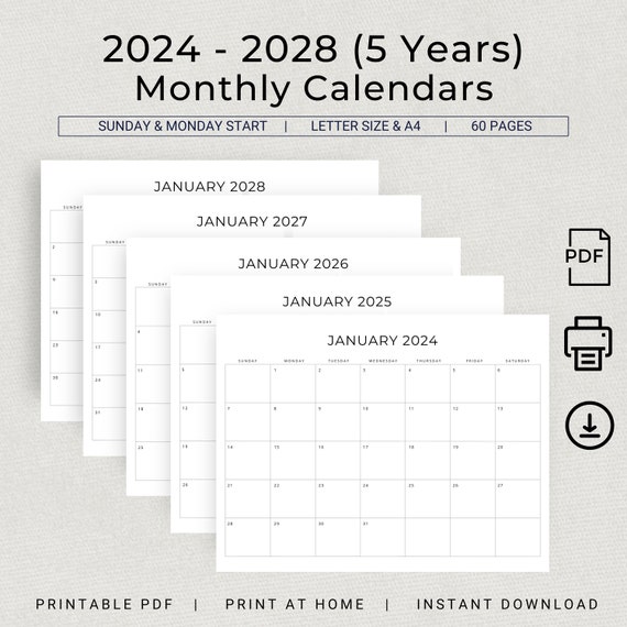 Modello stampabile calendario mensile 2024, calendario da tavolo da parete  orizzontale minimale semplice e pulito per ufficio / 12 mesi / A4 e lettera  USA -  Italia