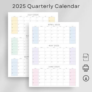 Calendario trimestral 2025, calendario imprimible de 3 meses por página (PDF), planificador mensual 2025, planificador de escritorio, calendario de pared, tamaño carta A4, color pastel.