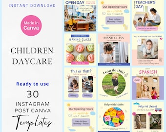 30 Children Daycare Instagram Canva Template, Kids Education for Preschool, After School Club, Kindergarten Social Media, School Marketing