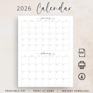 Calendario 2026 de 2 meses por página Calendario 2026 Calendario de pared Planificador de dos meses 2026 Calendario mensual elegante para imprimir en formato PDF A4 Carta