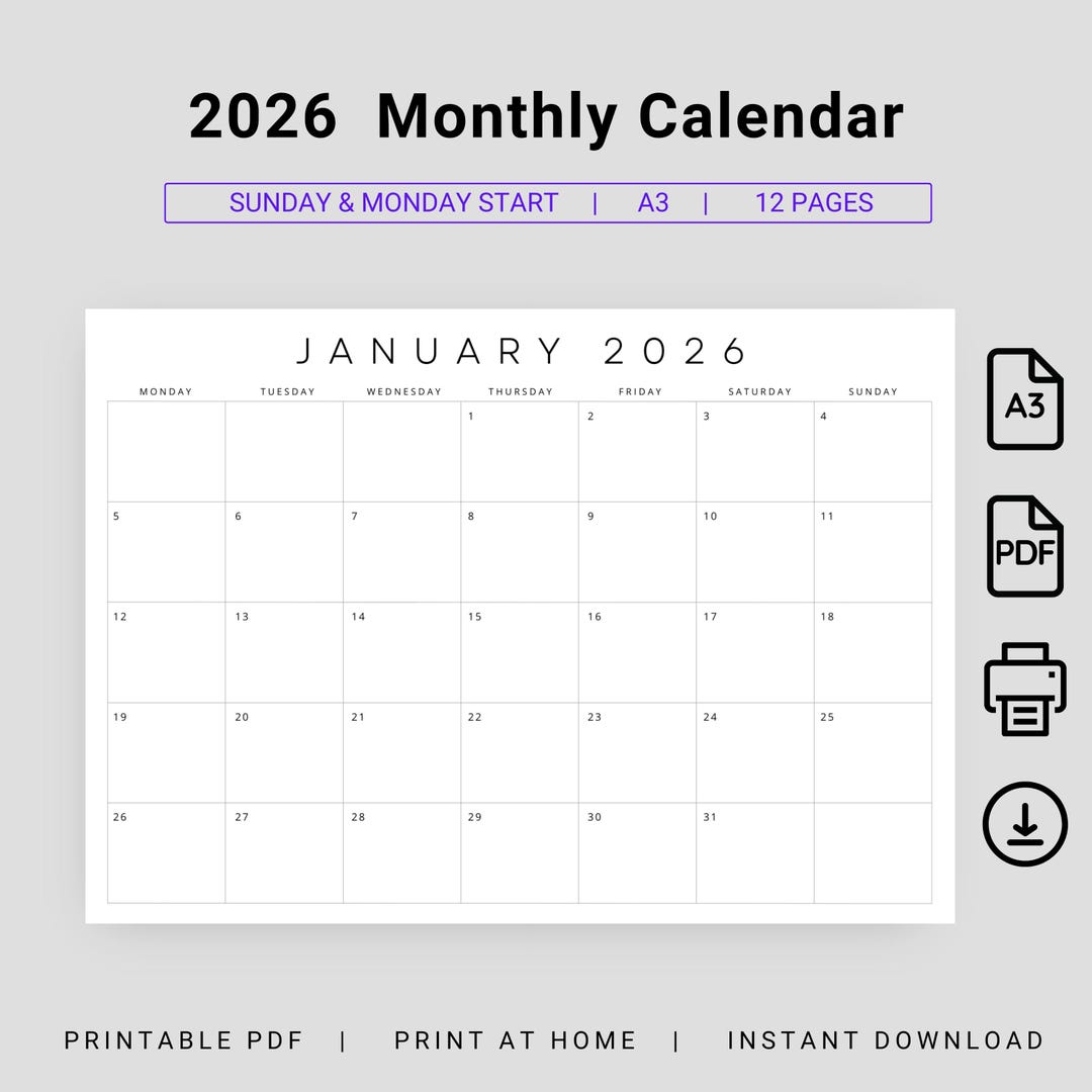 2026 Wall Calendar A3 Landscape 2026 Monthly Planner A3 Sunday & Monday ...