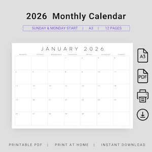 Väggkalender 2026 A3 Liggande Månadsplanerare 2026 A3 Söndag & Måndag Starta Ren Minimalistisk Utskrivbar Kökskalender PDF Skrivbordskalender