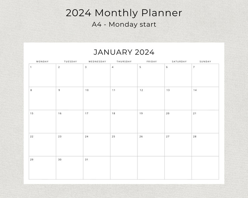 2024 Monthly Planner Landscape Sunday & Monday Start, 2024 Minimal Black and White Monthly Calendar, A4 and Letter Size, Print At Home PDF