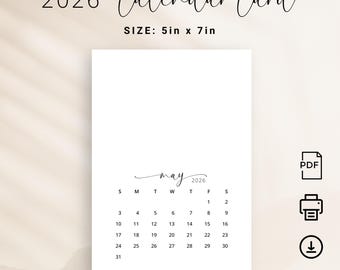 2026 Monthly Calendar 5x7 in 2026 Calendar Card PRINTABLE Pdf Elegant Small Calendar PDF 5x7 inch DIY Calendar 2026 Crafter Planner Portrait