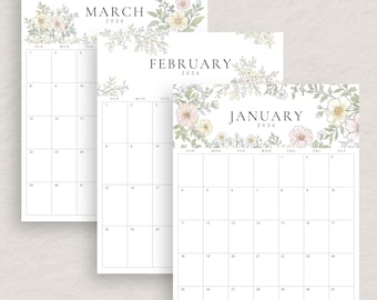 2026 Calendar 2026 Planner Vertical 2026 Floral Monthly Calendar Portrait A4 Letter Size Printable PDF Calendar with Flower Instant Download