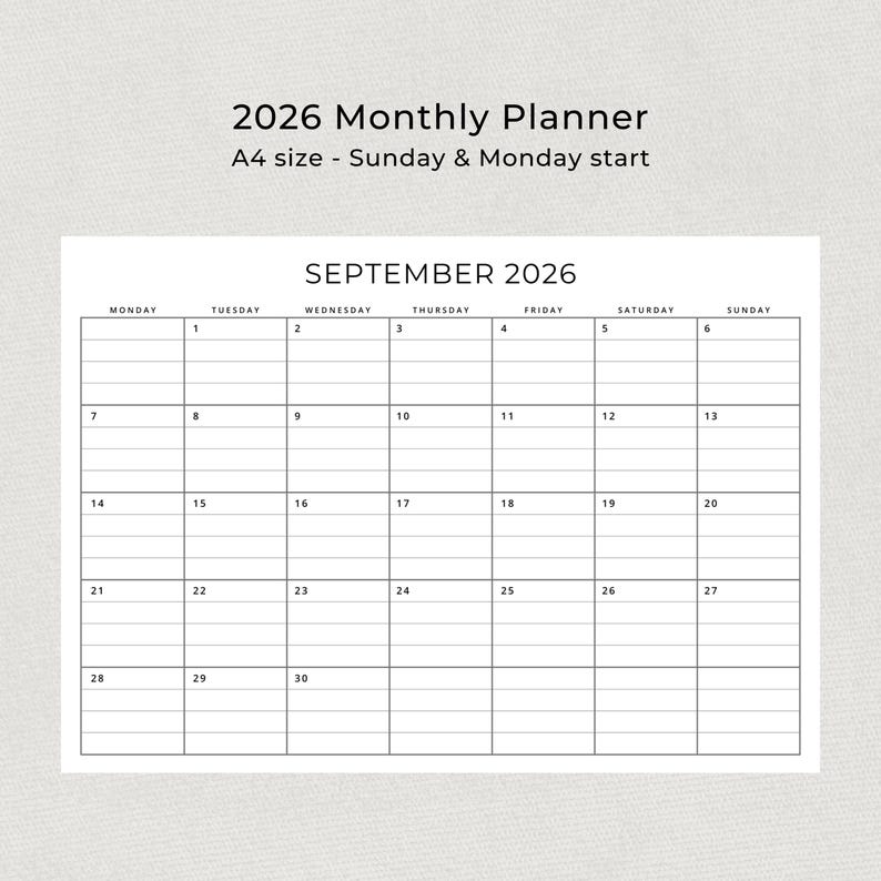 Printable 2026 Monthly Planner With Lines 2026 Calendar Landscape ...