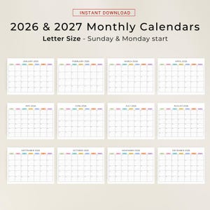 2026 2027 Monthly Calendar with Lines PRINTABLE PDF 2026 2027 Planner Lined Landscape Calendar Minimalist Color A4 Letter Instant Download