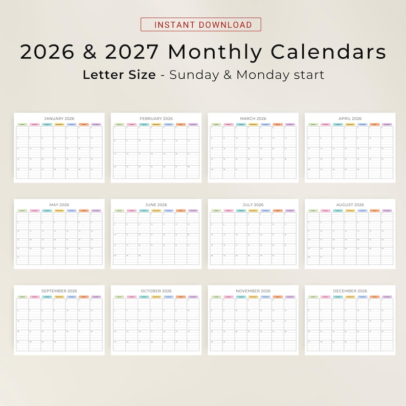2026 2027 Monthly Calendar with Lines PRINTABLE PDF 2026 2027 Planner Lined Landscape Calendar Minimalist Color A4 Letter Instant Download