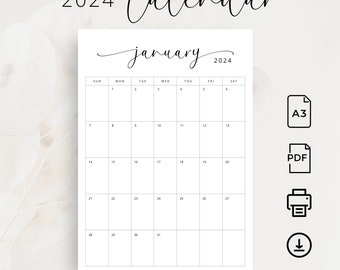 Kalender 2024 Planer A3 Monatskalender 2024 Vertikaler Kalender Wandkalender A3 DRUCKBARE PDF Monatsplaner Montag & Sonntag Start