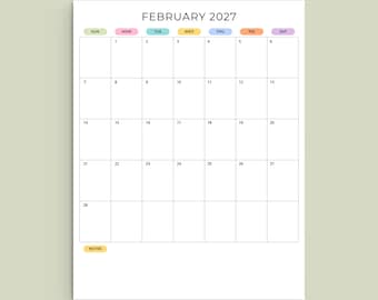 2027 Wall Planner 2027 Monthly Calendar Portrait Color Printable PDF A4 Letter Size Sunday Start Monday Start 2027 Wall Calendar Vertical