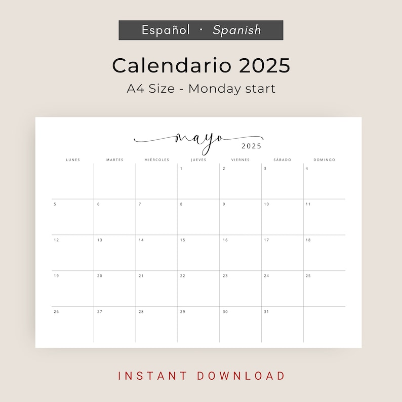 2025 Calendario 2025 Calendario Mensual Imprimible 2025 Elegante