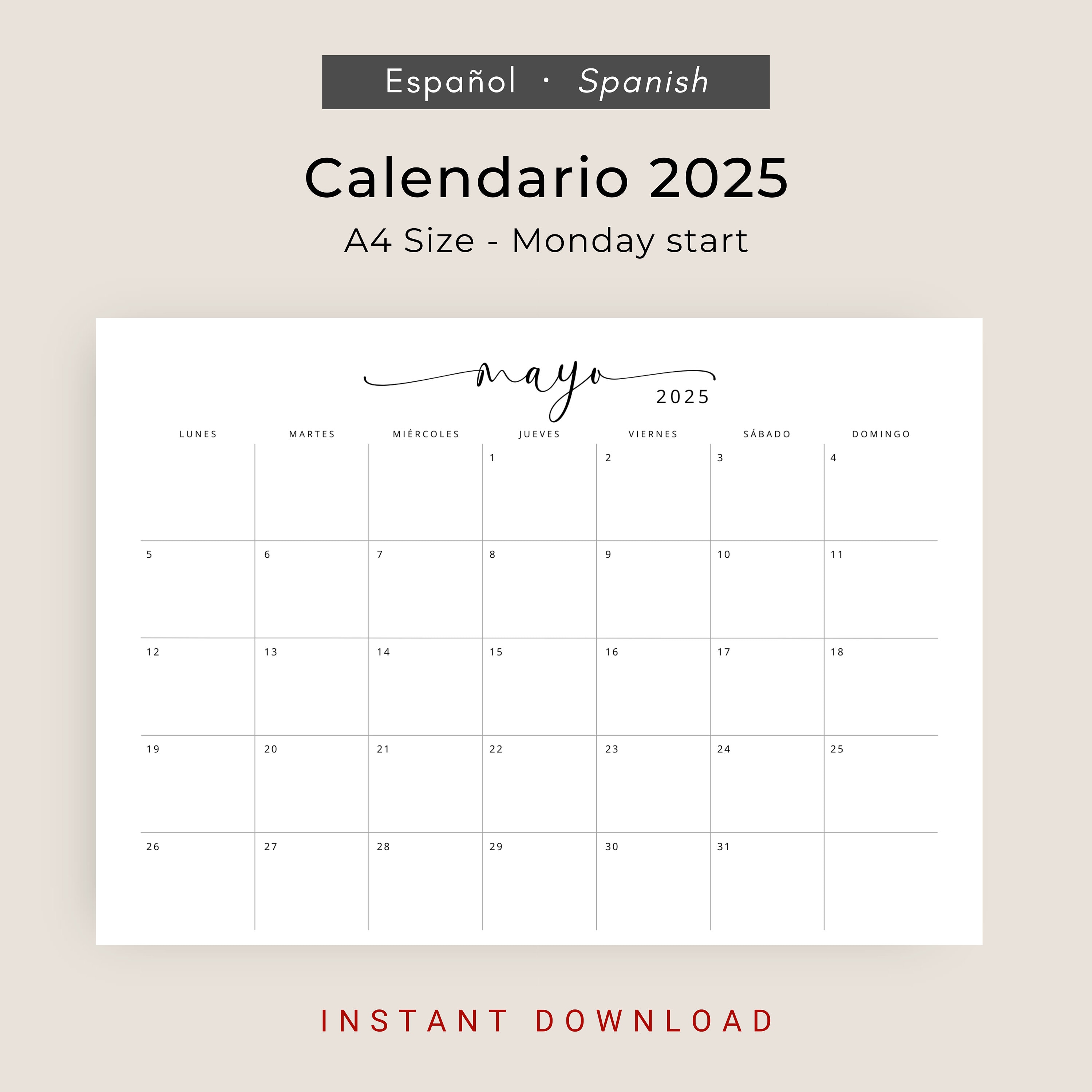 2025 Calendario 2025 Calendario Mensual Imprimible 2025 Elegante