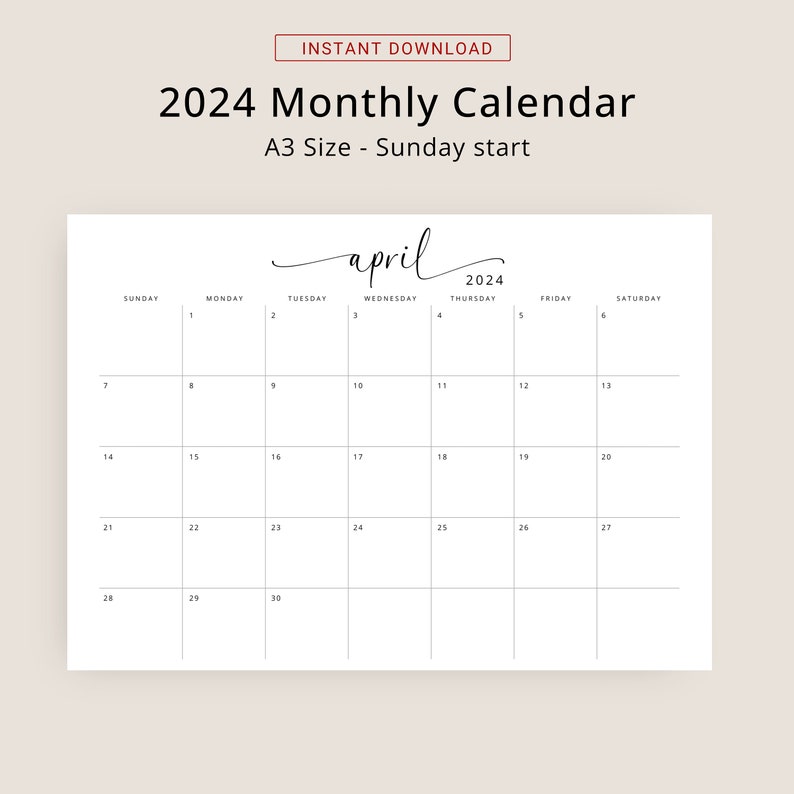2024 Calendar 2024 Planner Landscape A3 Monthly Calendar Elegant 2024