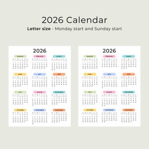 2026 Yearly Calendar 2026 Calendar Printable 2026 Wall Calendar Portrait A3 A4 US Letter Color Desk Planner 2026 PDF Sunday & Monday Start