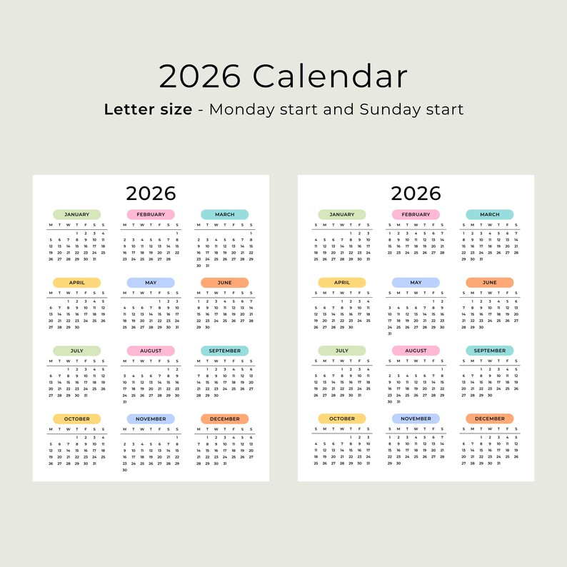 2026 Yearly Calendar 2026 Calendar Printable 2026 Wall Calendar Portrait A3 A4 US Letter Color Desk Planner 2026 PDF Sunday & Monday Start