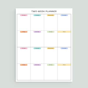 Planner bisettimanale PDF stampabile Planner bisettimanale a colori verticale Planner non datato Due settimane in sintesi Note sulle cose da fare Formato A3 Formato A4 Letter 11 x 17 pollici