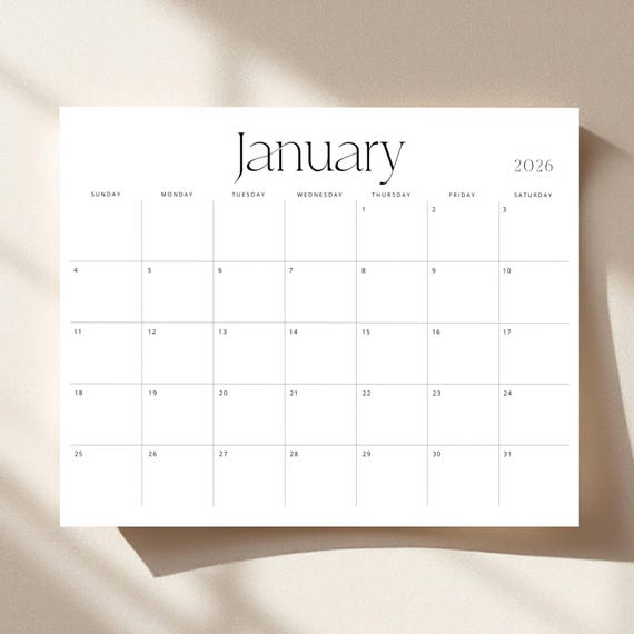 2026 Calendar 2026 Monthly Planner Landscape 2026 Wall Calendar PDF 2026 Desk Planner Minimalist Printable Stylish A4 Letter Size Agenda