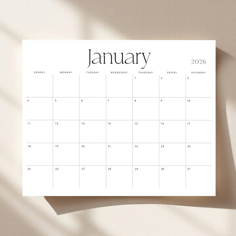 2026 Calendar 2026 Monthly Planner Landscape 2026 Wall Calendar PDF 2026 Desk Planner Minimalist Printable Stylish A4 Letter Size Agenda
