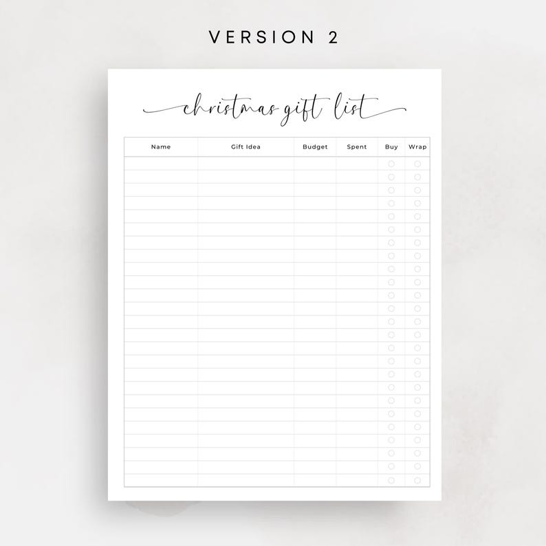 Christmas Gift List Printable Christmas Shopping List Xmas To Buy List Gift Checklist Minimalist Shopping Planner PDF Elegant A4 Letter Size