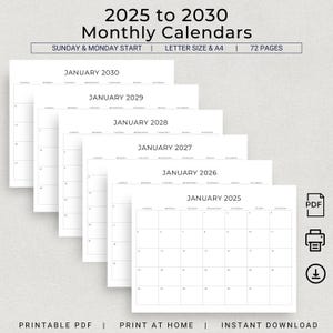 Kalendarz 2025-2030 Kalendarz miesięczny 2025-2030 2025 2026 2027 2028 2029 2030 Planer krajobrazowy minimalistyczny Do wydruku w formacie PDF Natychmiastowe pobranie