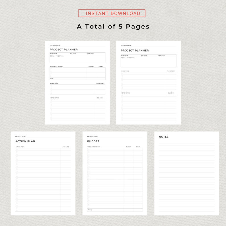 Project Planner Printable Productivity Planner Personal Project Planning Work Planning A4 US Letter Size Project Management Project Tracker