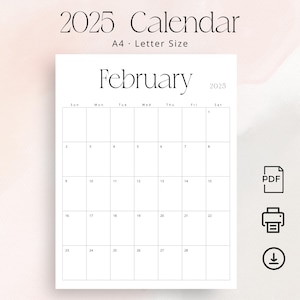 Calendario 2025 Planificador mensual 2025 Calendario de pared 2025 PDF Calendario minimalista 2025 PDF imprimible Retrato Elegante planificador vertical A4 Carta