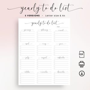 Lista de tareas anual imprimible Planificador anual PDF Planificador de productividad Lista de tareas Lista de verificación anual imprimible Seguimiento de objetivos Tamaño A4 Carta de EE. UU. Elegante