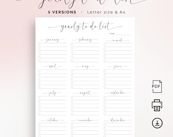 Printable Yearly To Do List Yearly Planner PDF Productivity Planner Task List Printable Annual Checklist Goal Tracker A4 US Letter Elegant