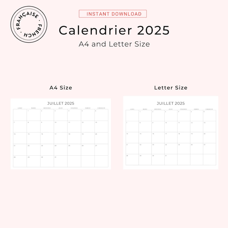 2025 Calendrier Français 2025 French Calendar 2025 Monthly Calendar in French 2025 PRINTABLE