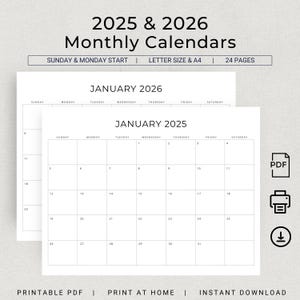 Calendario 2025 y 2026. Planificador mensual 2025-2026. PDF imprimible. Calendario de pared minimalista horizontal. PDF. Planificador de escritorio tamaño carta A4. Descarga instantánea.