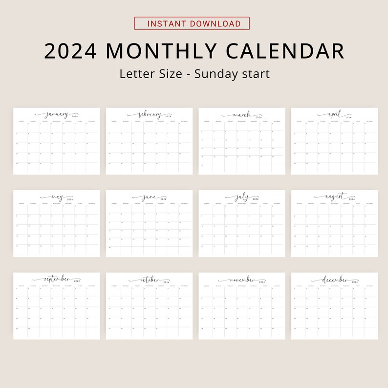 2024 Calendar 2024 Monthly Planner Landscape Elegant Monthly Calendar Sunday & Monday Start 2024 A4 Letter Size Wall Calendar PRINTABLE PDF