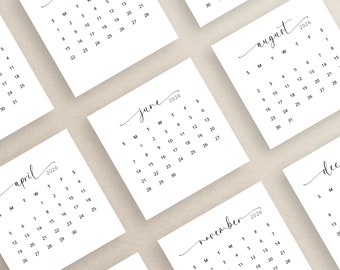 May include: A set of 10 printable calendar cards for the year 2026. Each card features a month of the year with the month name written in a cursive font. The cards are designed in a minimalist style with a white background and black text.