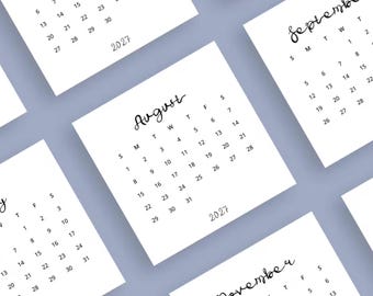 2027 Mini Calendar 2027 3x3 Calendar Card Whimsical Font Small Planner Printable PDF Sunday & Monday Start Junk Journal DIY Agenda 2027