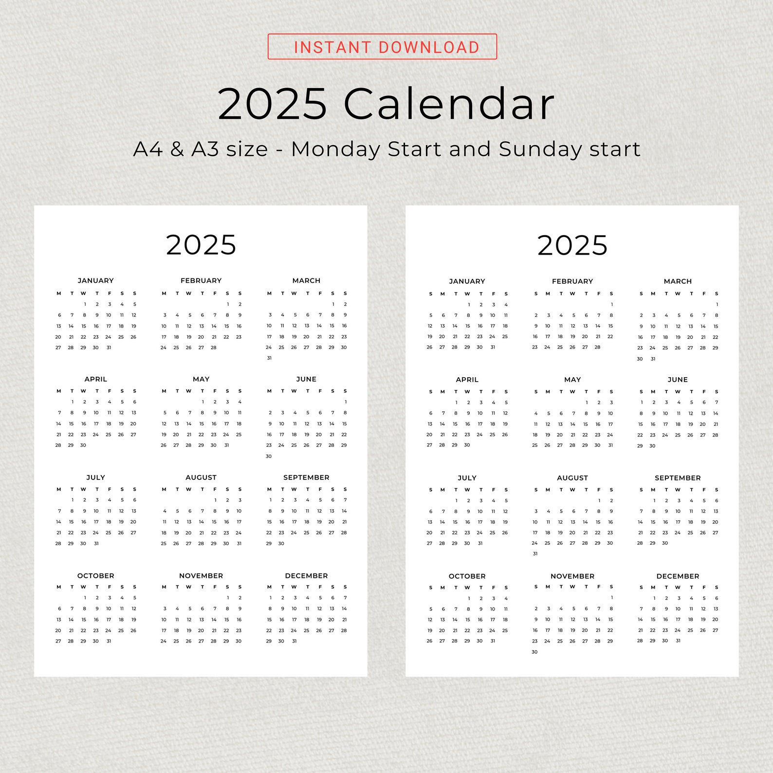 2025 Calendar 2025 Yearly Calendar Printable 2025 Wall Calendar 2025