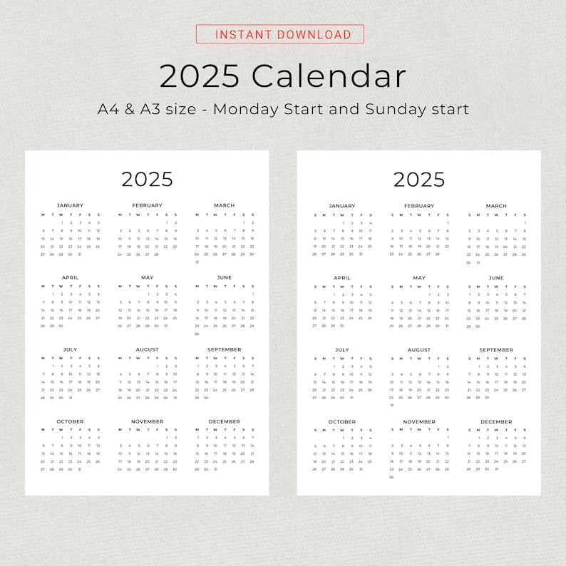 Calendrier 2025 Calendrier annuel 2025 imprimable Calendrier mural 2025 Calendrier de l