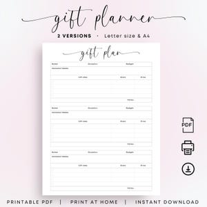 Planificador de regalos Lista de compras de regalos imprimible Lista de verificación de ideas de regalos Planificador de regalos Lista de planes de regalos Seguimiento de regalos minimalistas PDF Elegante tamaño carta A4