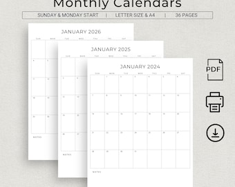 2024 2025 2026 Monthly Planner Vertical 2024 2025 2026 Monthly Calendar Printable PDF Minimalist Calendar 3 Years Planner PDF A4 Letter Size
