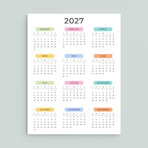 2027 Yearly Calendar 2027 Wall Calendar Printable 2027 Calendar Portrait A3 A4 US Letter Color Desk Planner 2027 PDF Sunday & Monday Start